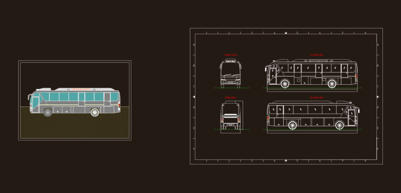 Modern Passenger Bus Elevations with Side Front and Rear Views