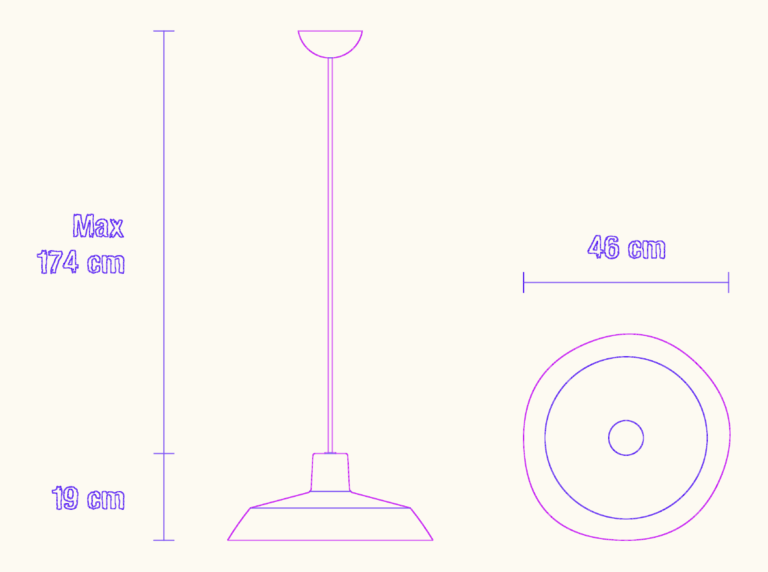 2D CAD drawing of a modern pendant lamp in elevation and plan views with dimension callouts.