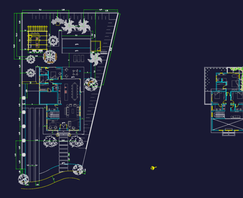 Modern Two-Story House Plan with Detailed Landscape and Pool