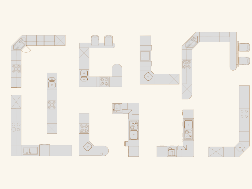 Top view of various modular kitchen layouts in CAD format showing stoves, sinks, and countertops in plan view.