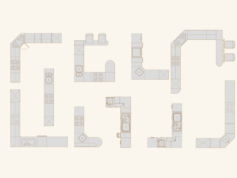 Top view of various modular kitchen layouts in CAD format showing stoves, sinks, and countertops in plan view.
