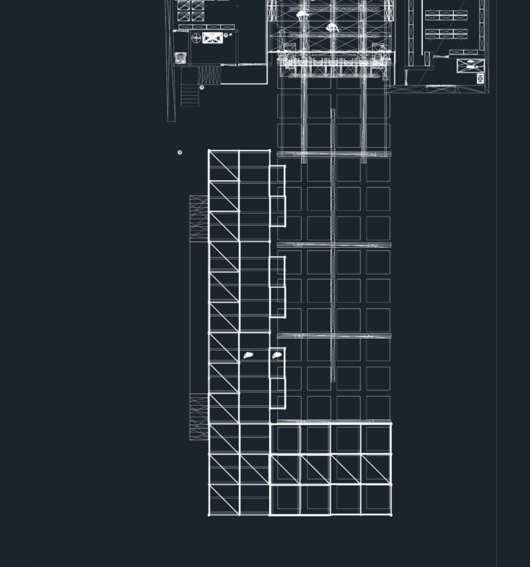 2D CAD layout of a large event stage featuring rigging, trusses, and equipment placement.