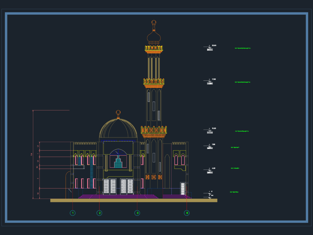 Architectural CAD elevation of a mosque showing a multi-stage minaret and central dome with height levels.