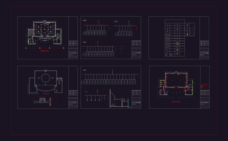 Mosque electrical plan with lighting fixtures, circuit wiring, and distribution board schedule.