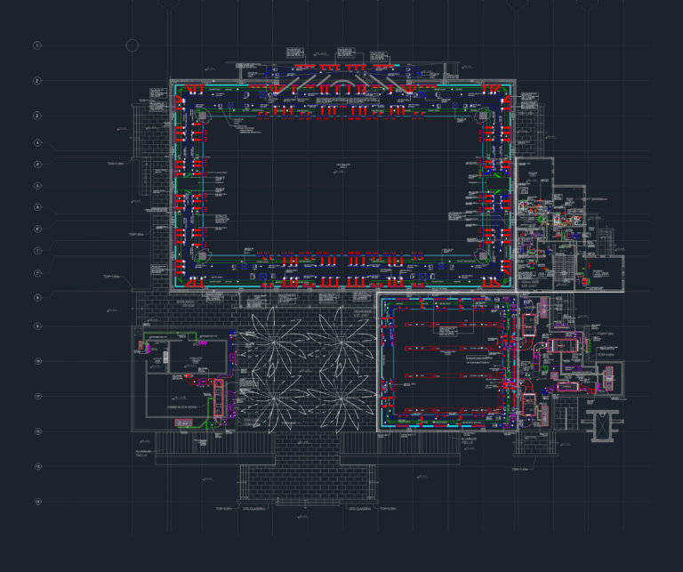 Detailed HVAC layout plan for a mosque floor showing colored ductwork, VAV units, and a technical symbol legend.