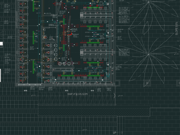 Detailed HVAC layout for a mosque ground floor showing ductwork, VAV units, and equipment legend.
