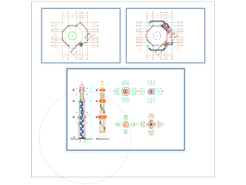 Mosque layout plan and minaret elevation section details