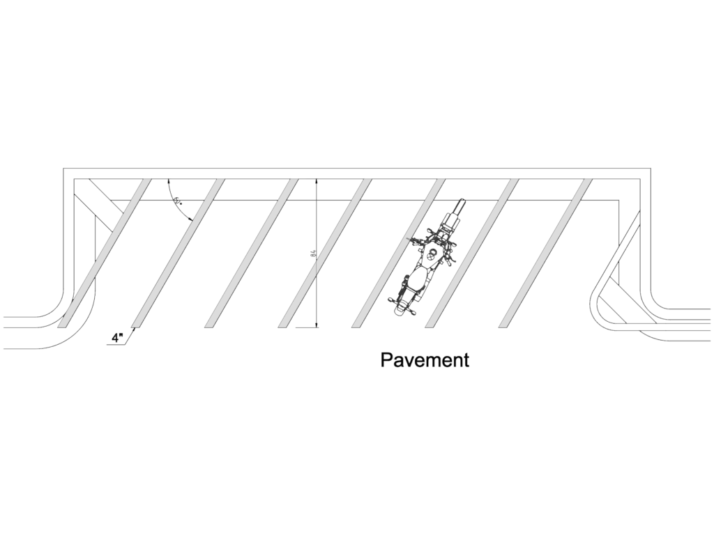 Plan view of angled motorcycle parking stalls with a motorcycle block and striping dimensions.