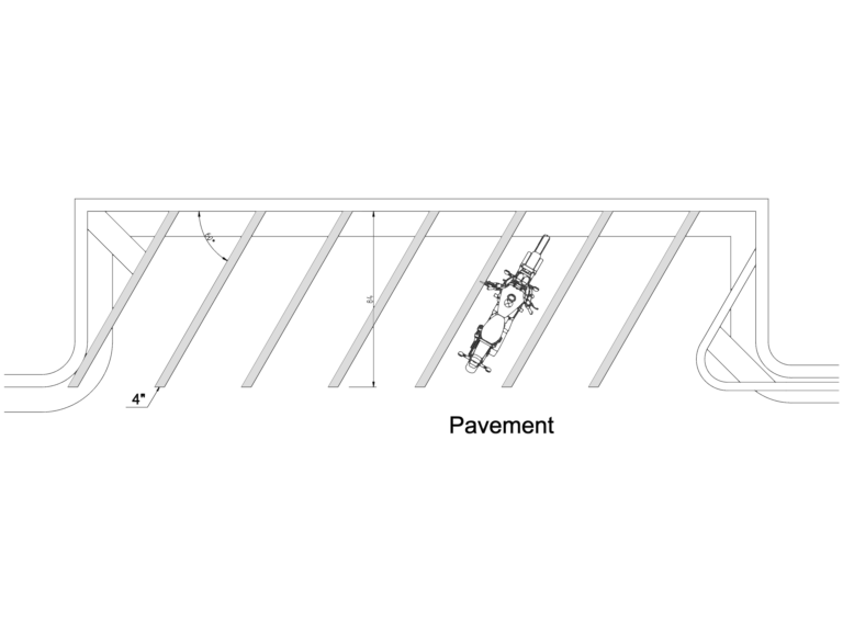 Plan view of angled motorcycle parking stalls with a motorcycle block and striping dimensions.