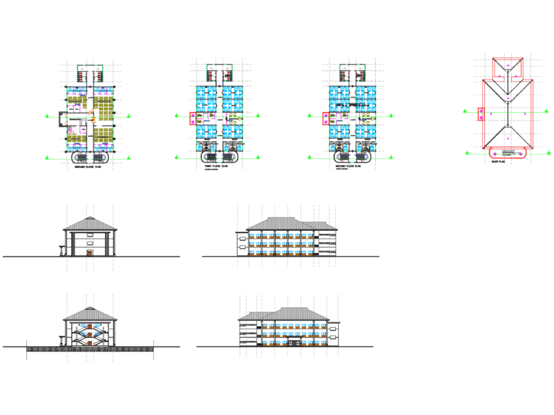 Multi-Level Hospital Project Design including Floor Plans and Elevations