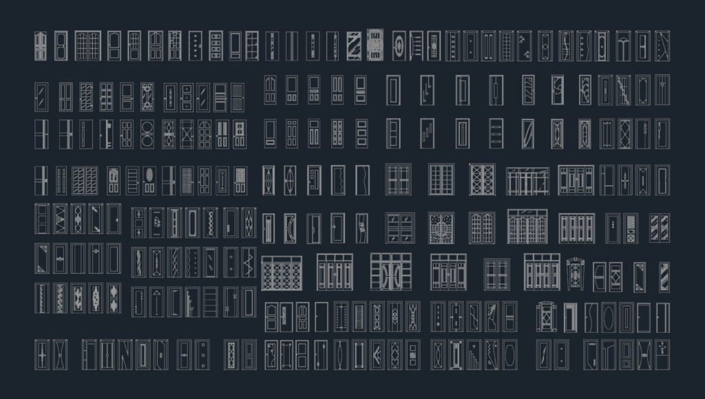 A massive collection of door elevation CAD blocks in various styles including single, double, and decorative designs.
