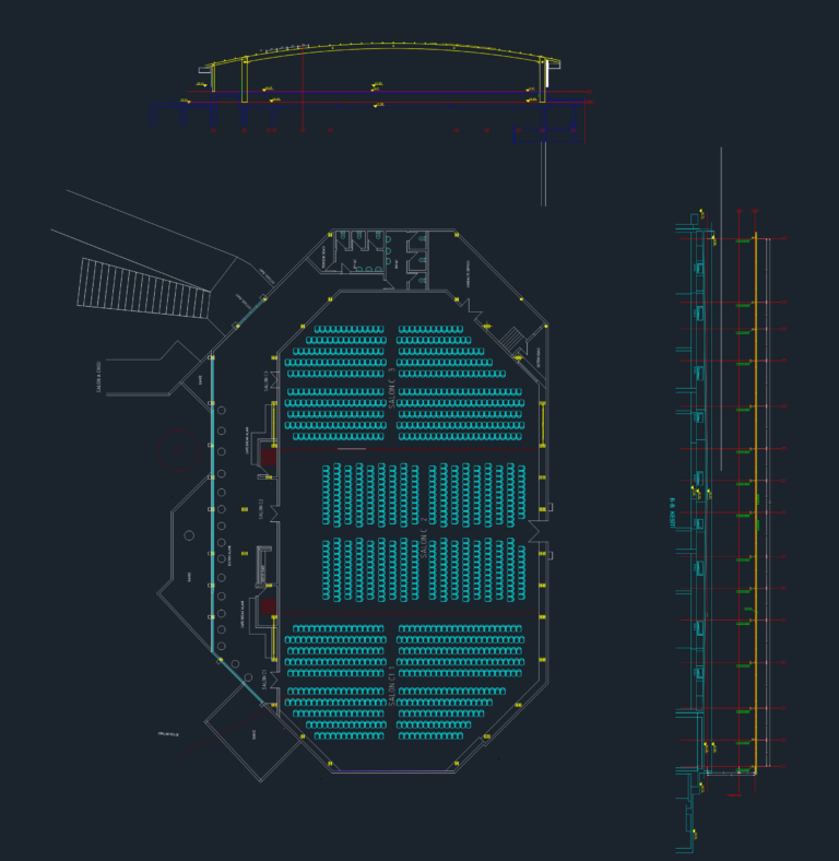 Top view plan of a large conference hall with rows of seating, adjacent cafe areas, and a structural cross-section.