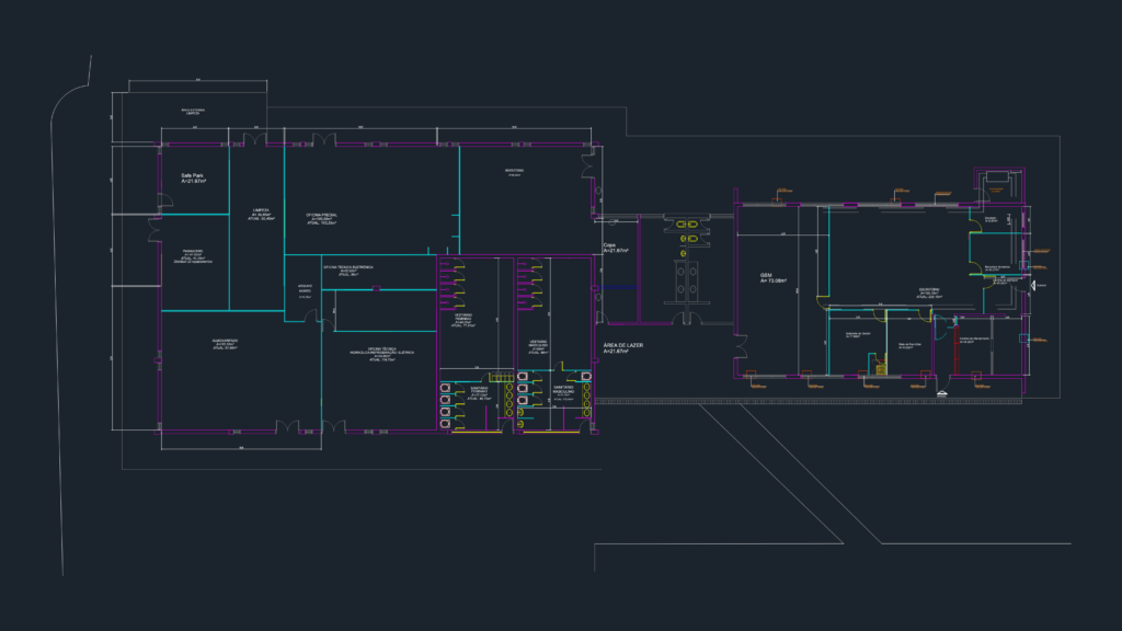 Architectural drawing of a multipurpose pavilion showing floor plan, workshops, and office layouts.