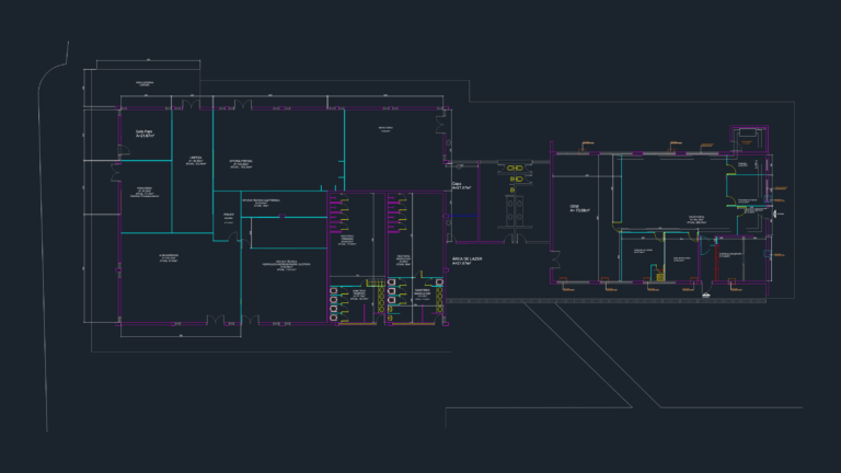 Architectural drawing of a multipurpose pavilion showing floor plan, workshops, and office layouts.