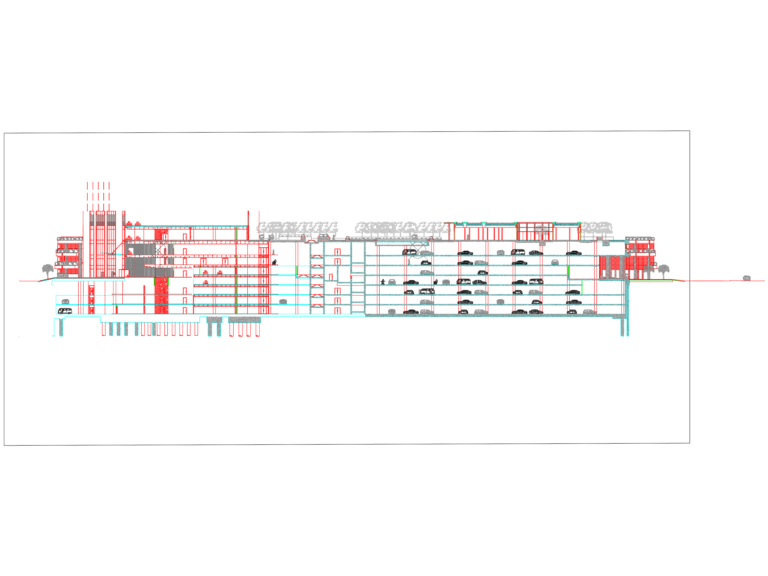 CAD sectional elevation of a multi-level car park with cars, trees, and architectural cladding.