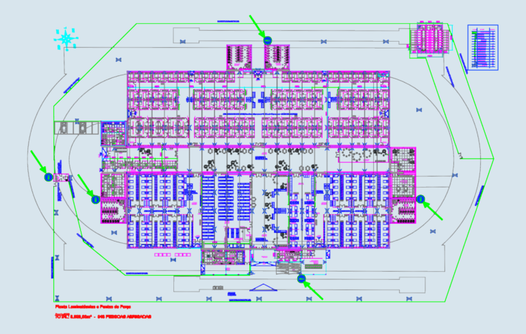 Architectural layout of a large municipal sports complex showing indoor rooms, swimming pools, and outdoor areas.