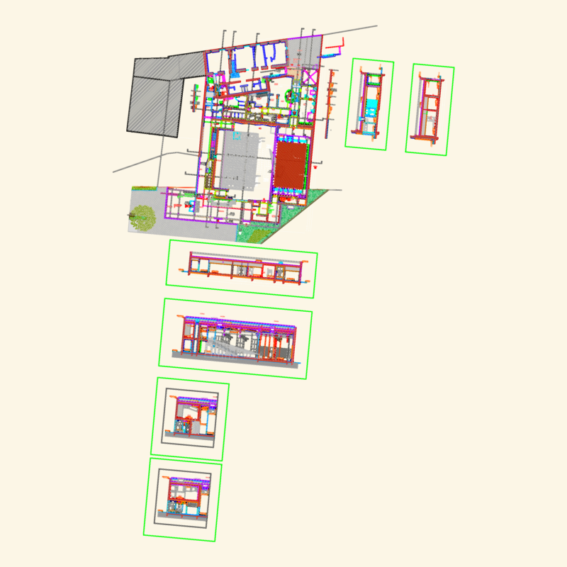 Music school architectural plans, sections, and facades