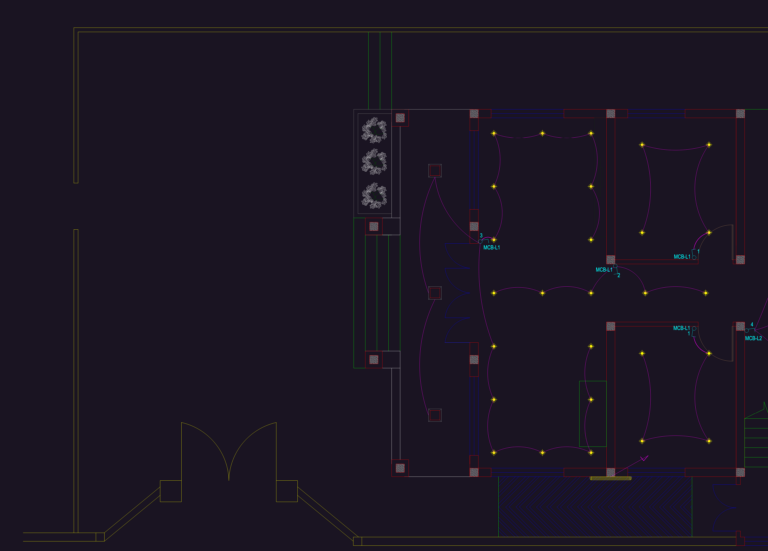 CAD electrical plan for a townhouse showing lighting fixtures and circuit wiring paths.