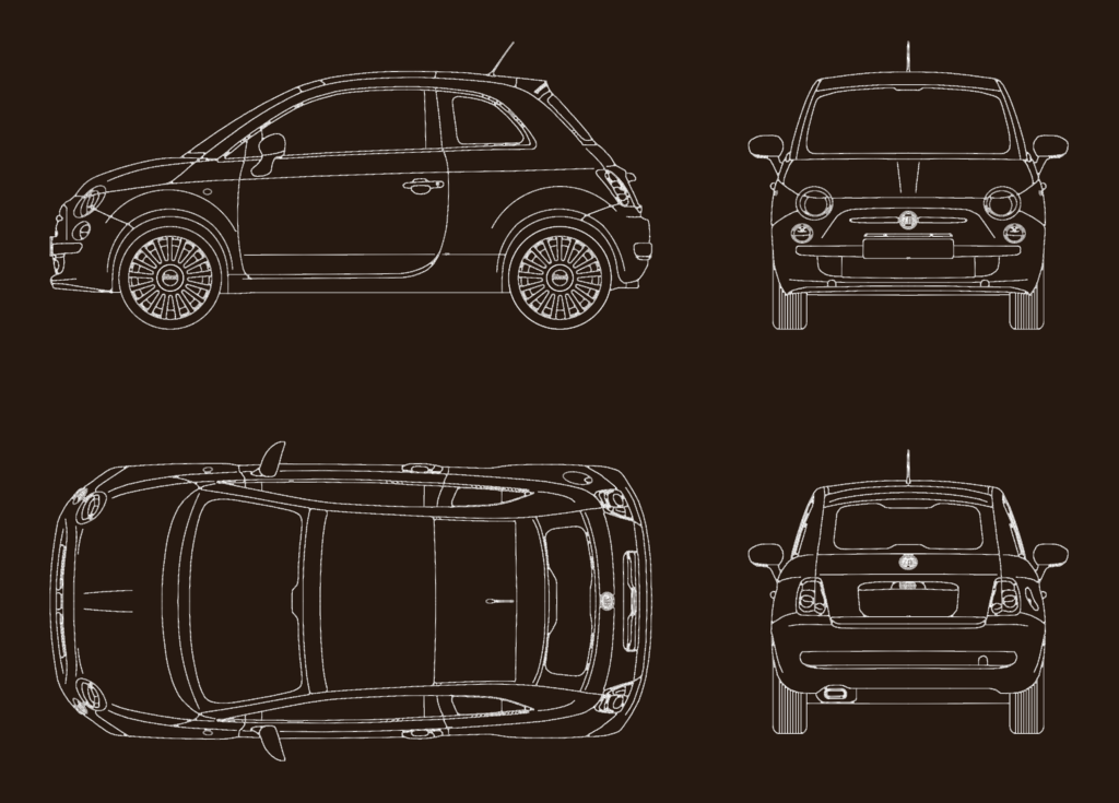 Fiat 500 2D drawings showing side, front, rear, and top views.