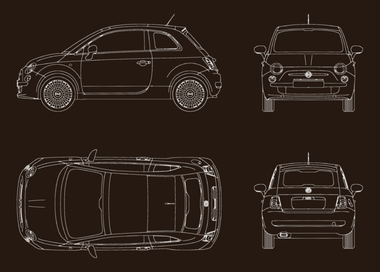 Fiat 500 2D drawings showing side, front, rear, and top views.