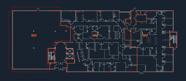 Architectural floor plan of a commercial office building with suite RSF labels and core stairwells.