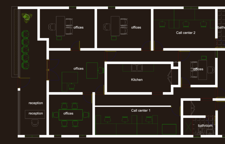 Architectural floor plan of a call center office showing desks, reception area, kitchen, and private office rooms.