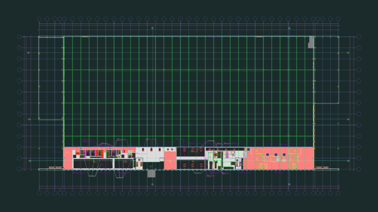 Architectural floor plan for a large office building with room labels and a detailed construction section.