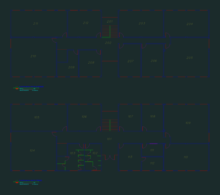 Ground and upper floor architectural plans for a large building showing stairs and numbered rooms.
