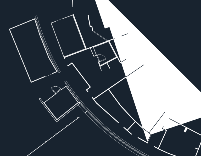 2D architectural floor plan showing white building partition walls and door swings on a dark background.