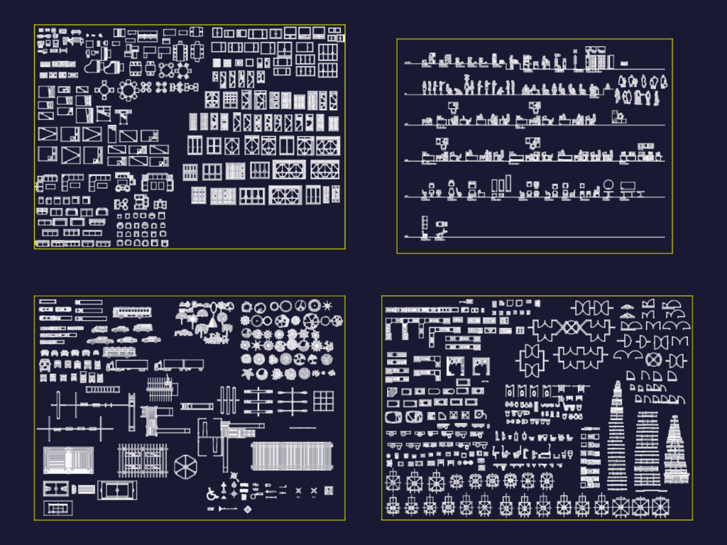 Four panels of architectural CAD blocks for office furniture, equipment, people, vehicles, and landscaping.