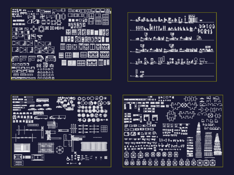 Four panels of architectural CAD blocks for office furniture, equipment, people, vehicles, and landscaping.
