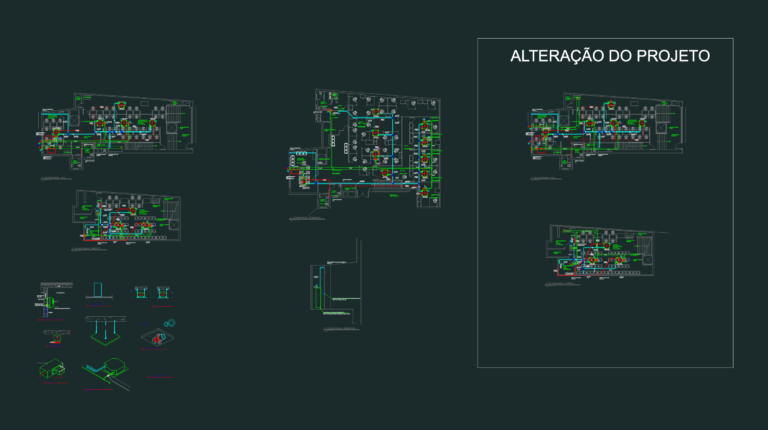 HVAC layout plan for an office building showing evaporator units, ductwork, and drainage pipes across three floors.