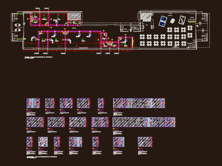 CAD floor plan and glass partition elevations for a commercial office layout including a game area and meeting rooms.
