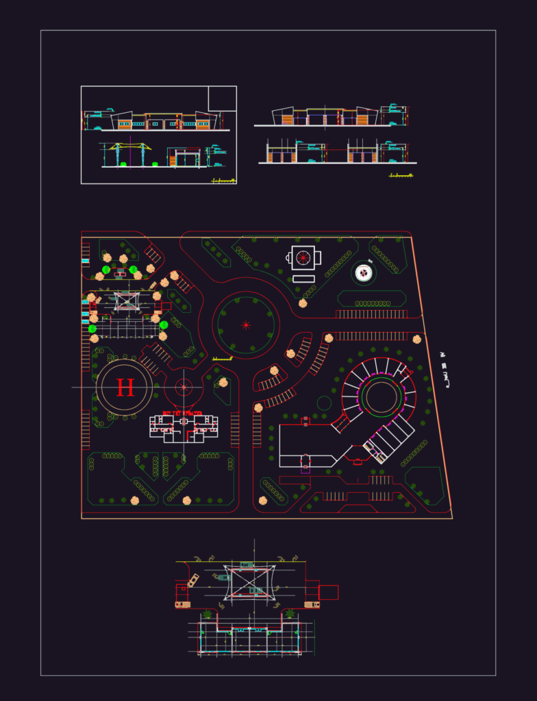 Metric CAD layout for an oil station showing site plan, elevations of the shed and supermarket, and tank locations.