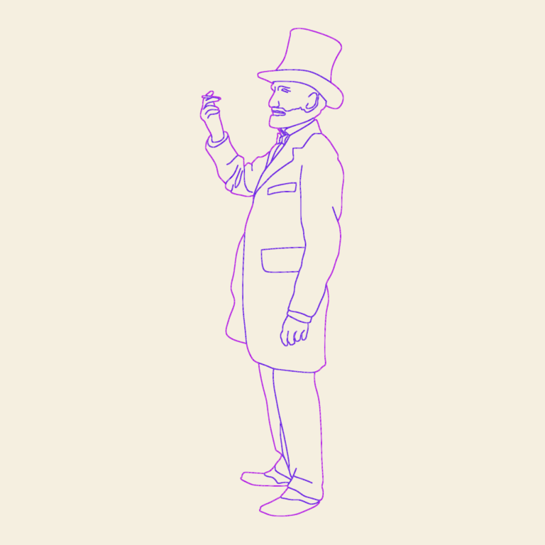 Line drawing of an old man in a suit and top hat with his hand raised.