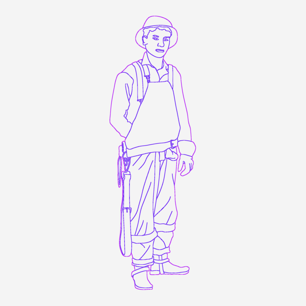 2D CAD elevation of a man in vintage worker clothing and a hat.