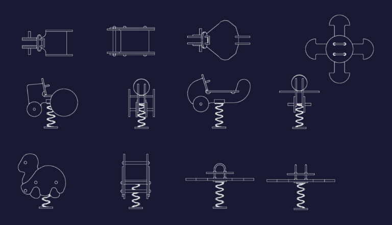 CAD drawing showing plan and elevation views of various playground spring riders and seesaws.