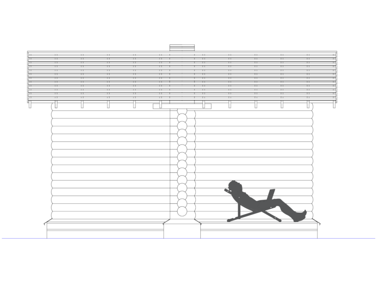 Front elevation drawing of a rustic log pergola with a slatted roof and a person sitting in a lounge chair.
