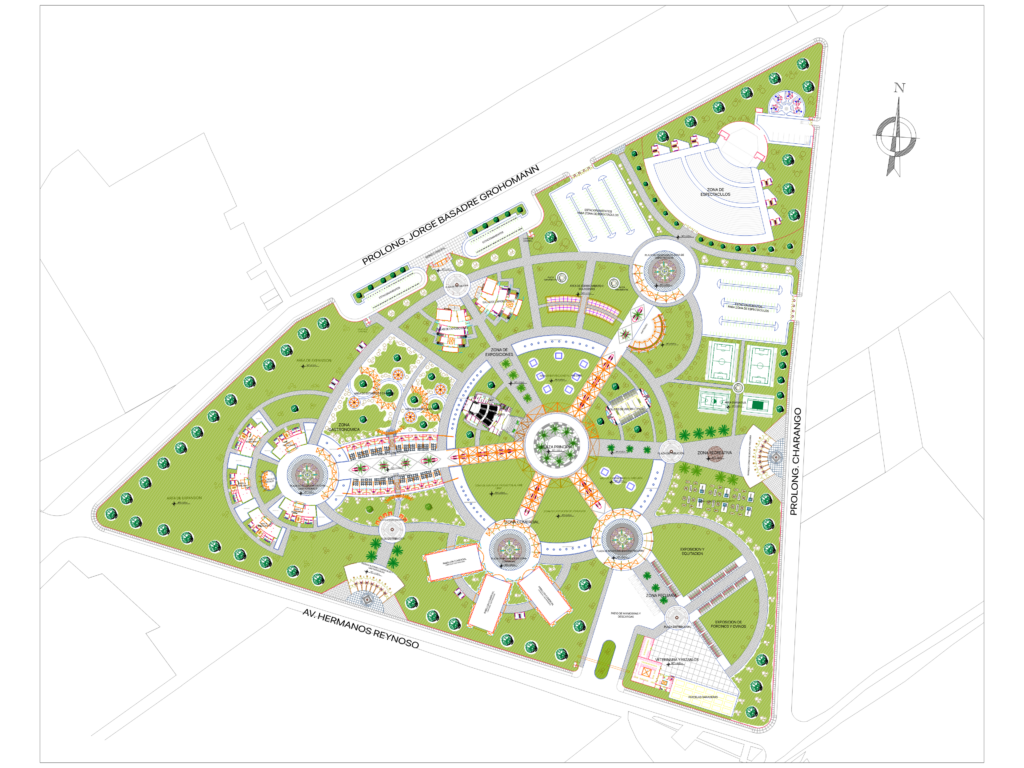 Top-down site plan of a triangular urban park with fountains, sports courts, and circular plazas.