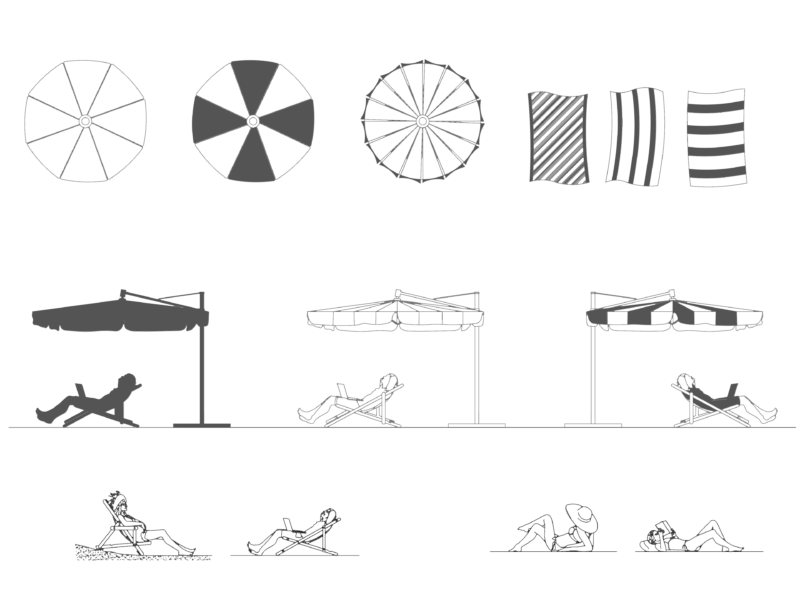 Beach umbrella and sunbed blocks including people silhouettes