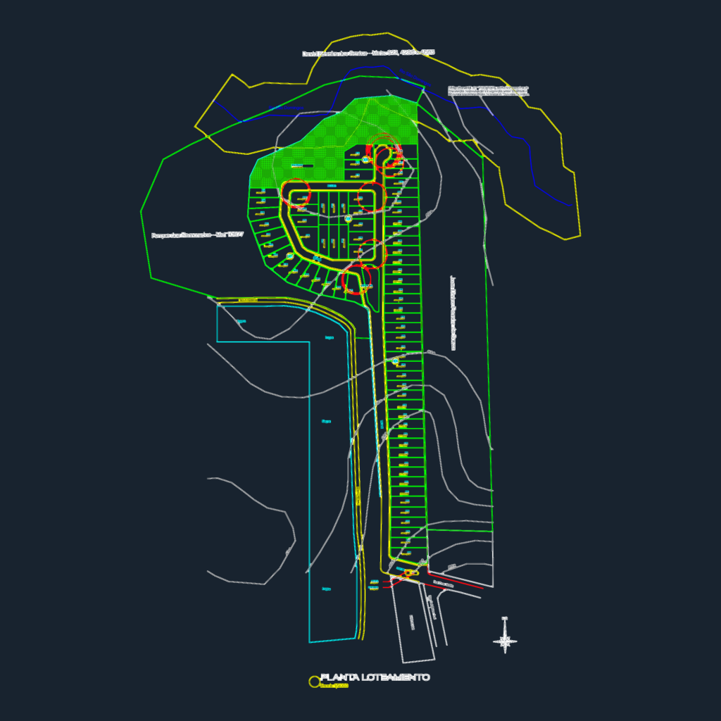 AutoCAD site plan of the Parque dos Namorados subdivision showing lot divisions, street networks, and green spaces.