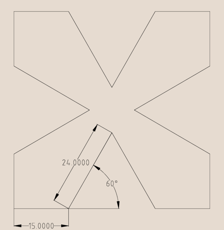 2D CAD drawing of an X-shaped geometric profile with 24-inch dimensions and 60-degree angles.