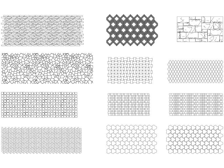 Various seamless stone and paver CAD patterns including herringbone, cobble, and geometric interlocking blocks.