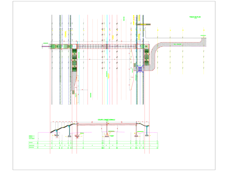 Plan and longitudinal section of a pedestrian bridge over a canal with utility lines and bus stops.