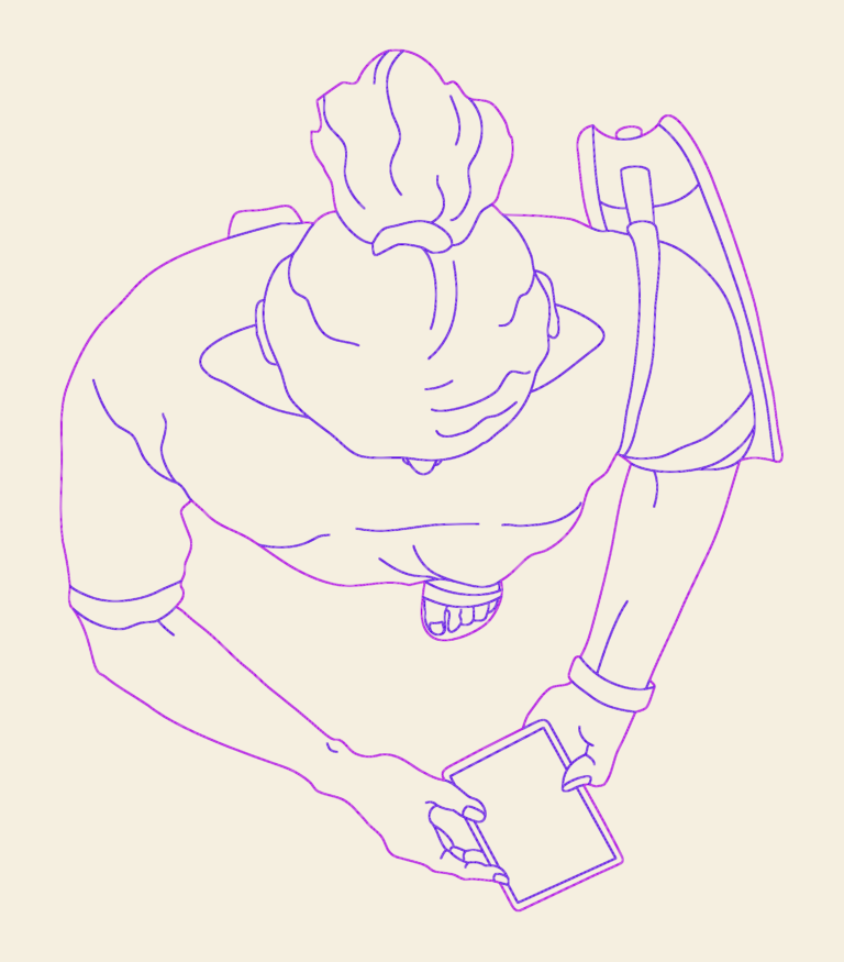 Top view CAD drawing of a person with a hair bun holding a mobile phone.