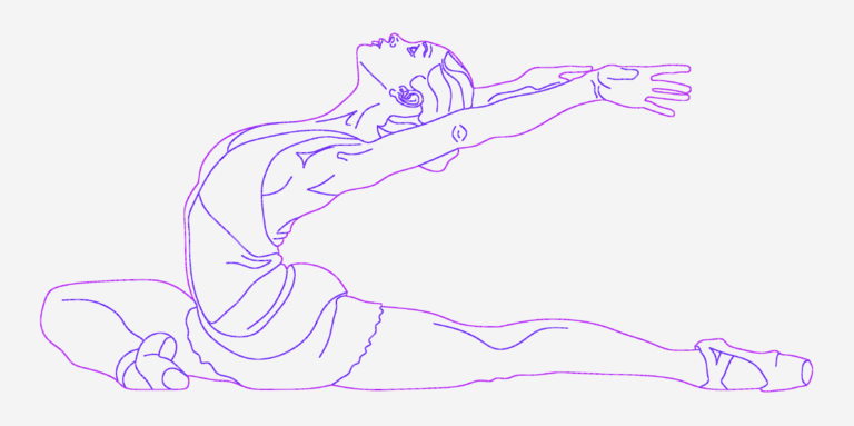 2D CAD outline of a ballerina sitting on the floor in a dance pose with arms extended.