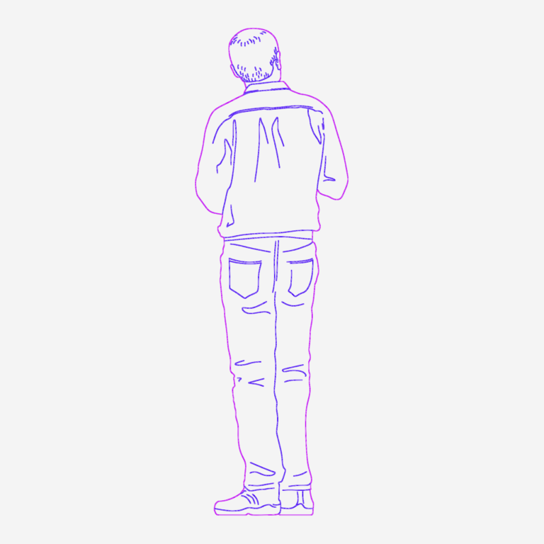 Silhouette drawing of a man standing from behind in a collared shirt and pants.