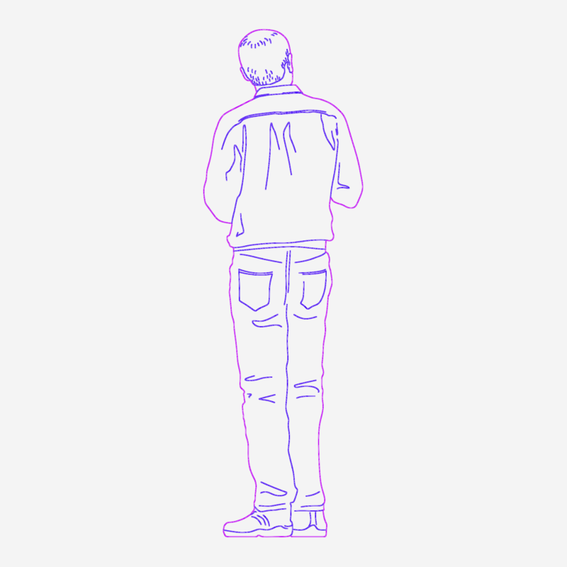 Male figure standing in rear elevation view