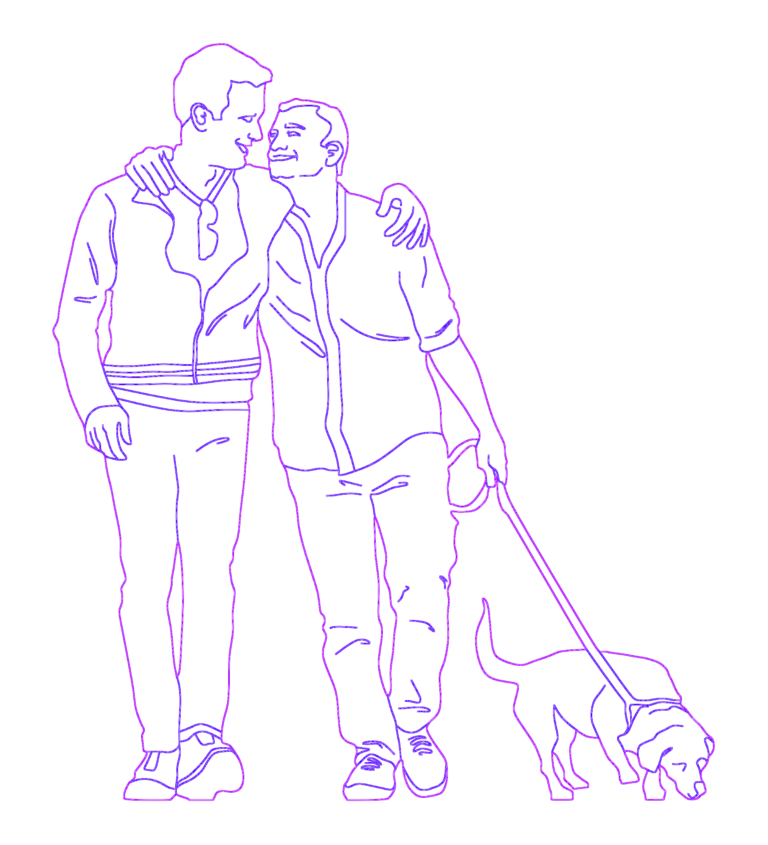 2D CAD outline drawing of two men walking a dog on a leash.