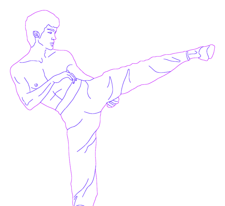 2D CAD silhouette of a man performing a high martial arts side kick.